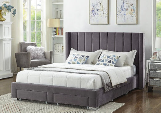 Grey Velvet Fabric Wing Bed with Deep Tufting and Chrome Legs.