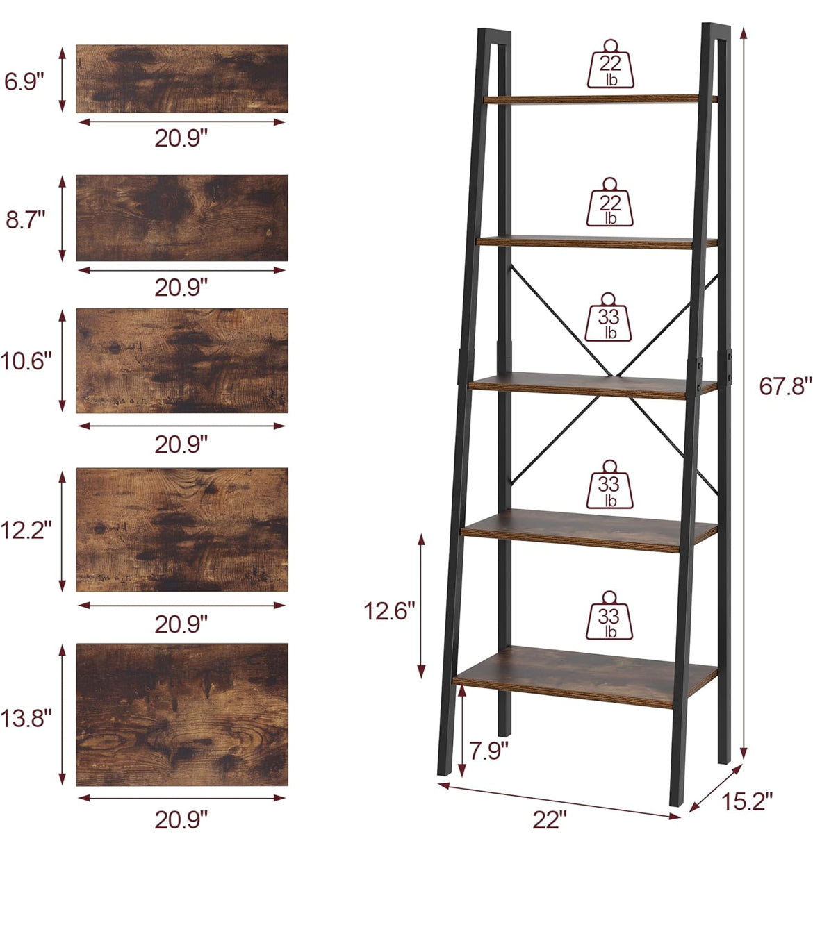 5-Tier Ladder Shelf, Ladder Bookshelf Bookcase with Metal Frame书架