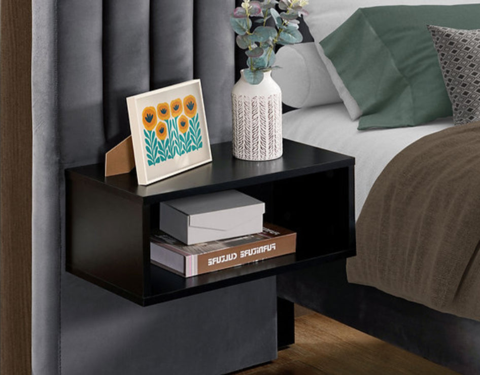 Grey Velvet Fabric with Black Night Stands