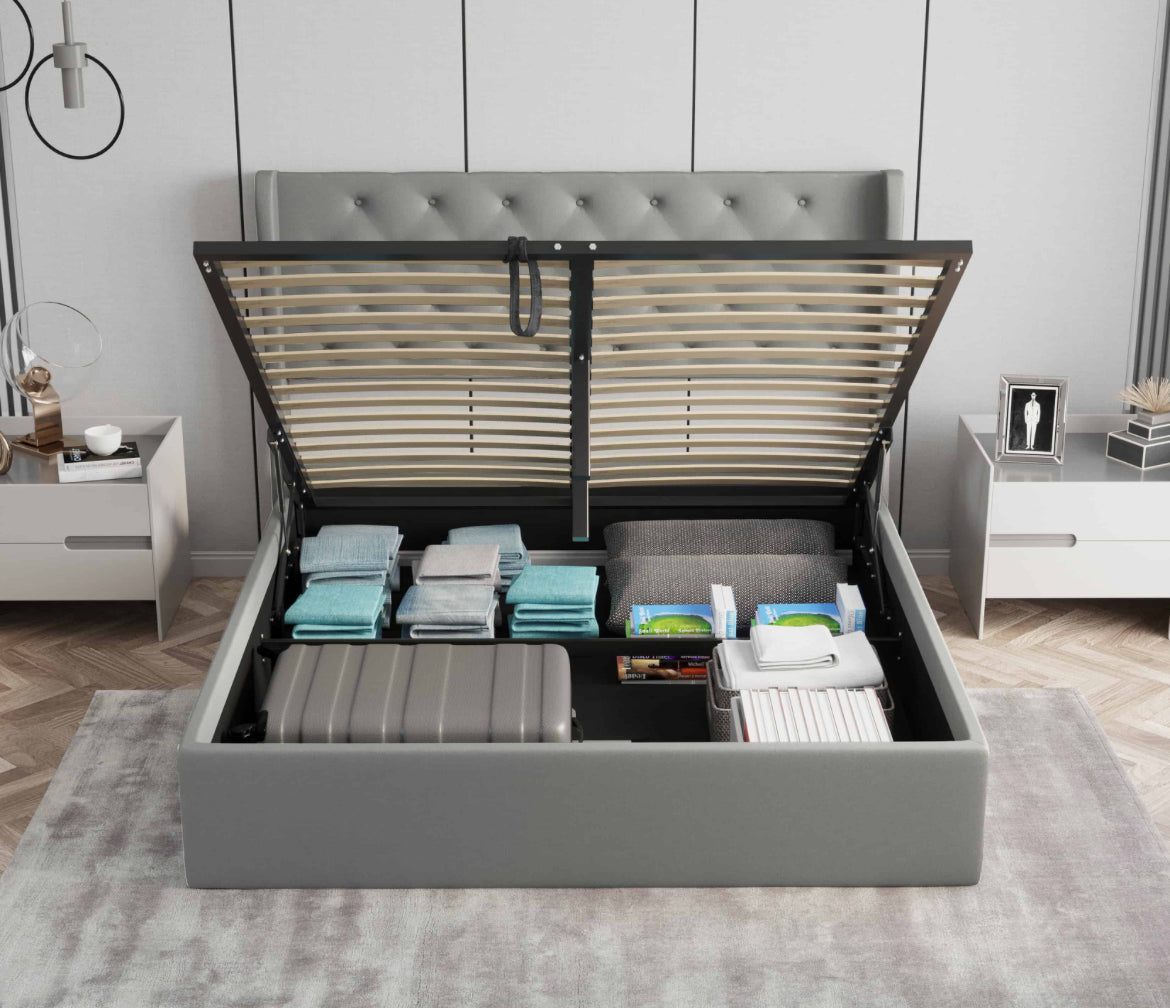 Velets Diva Contemporary Mid-Century Soft Padded Tufted Upholstered Platform Bed With Hydraulic Gas Lift Storage