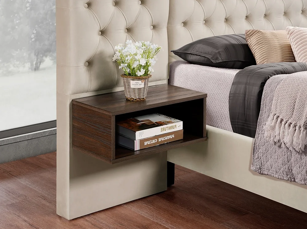 Beige Velvet Fabric Platform Bed