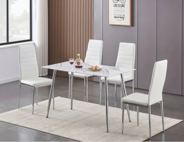5 pc Tempered White Marble Glass with Tapered Chrome Legs set