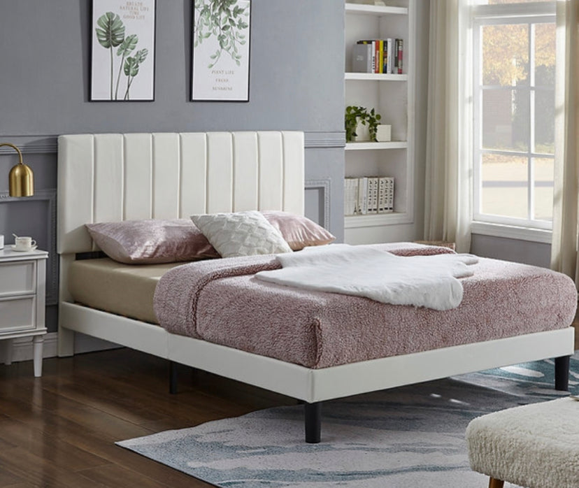 White PU Bed with Vertical Tufting