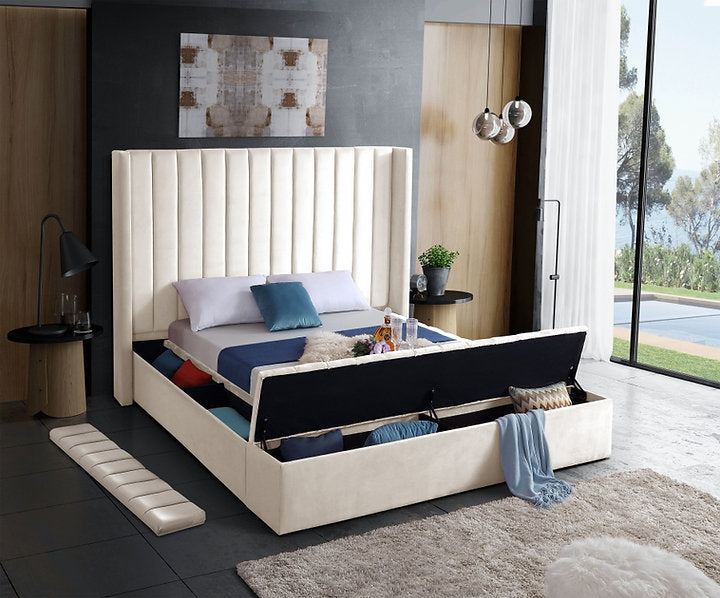 Creme Velvet Fabric Bed with channel tufting and 3 Storage Benches