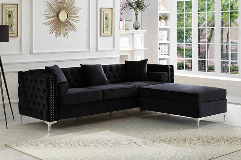 black Velvet Reversible Sofa Sectional With Deep Tufting