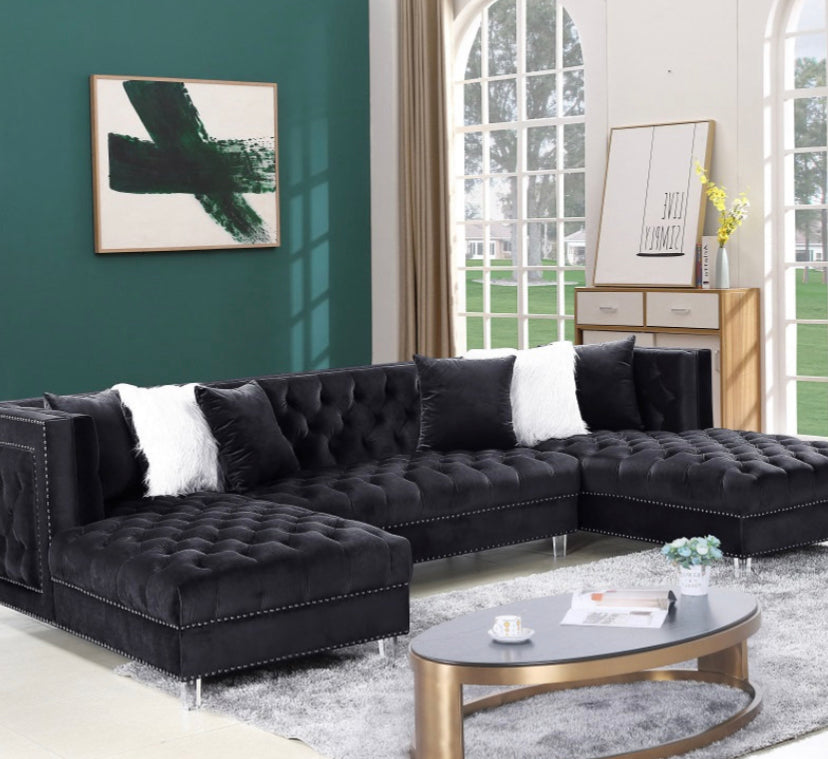 Black Velvet Sofa Sectional With 2 Chaises