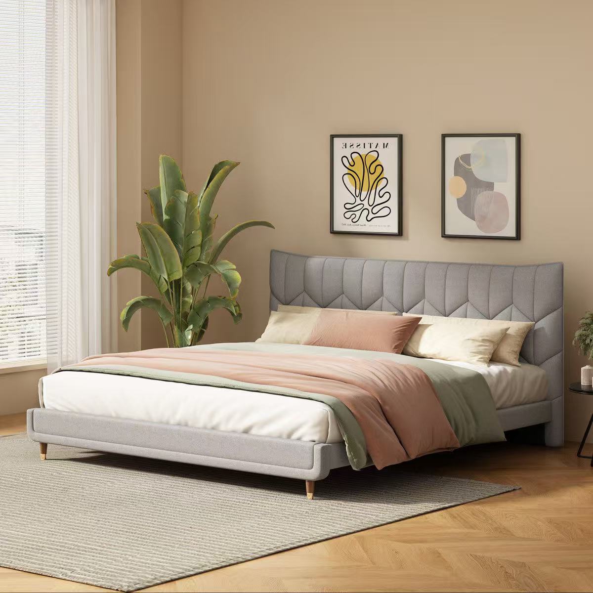 queen size 轻奢灰软包床架