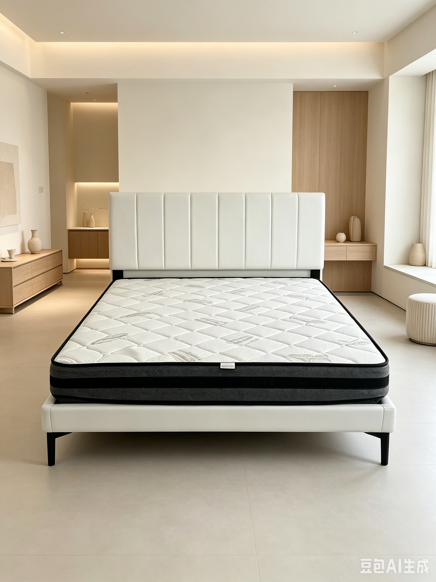 奶油白床架White Bed with Vertical Tufting