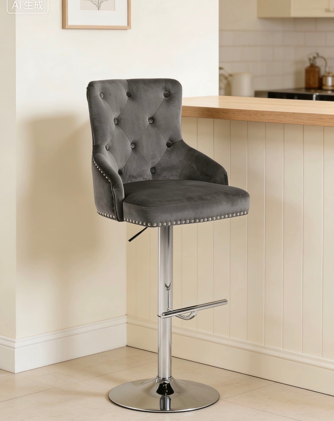 轻奢天鹅绒吧台椅Grey velvet Bar Stool