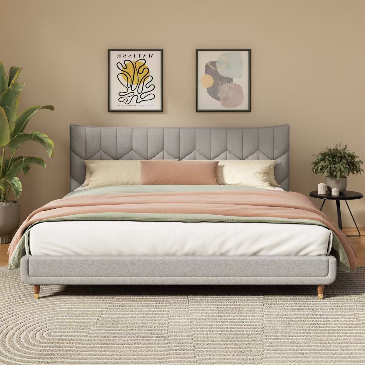 queen size 轻奢灰软包床架