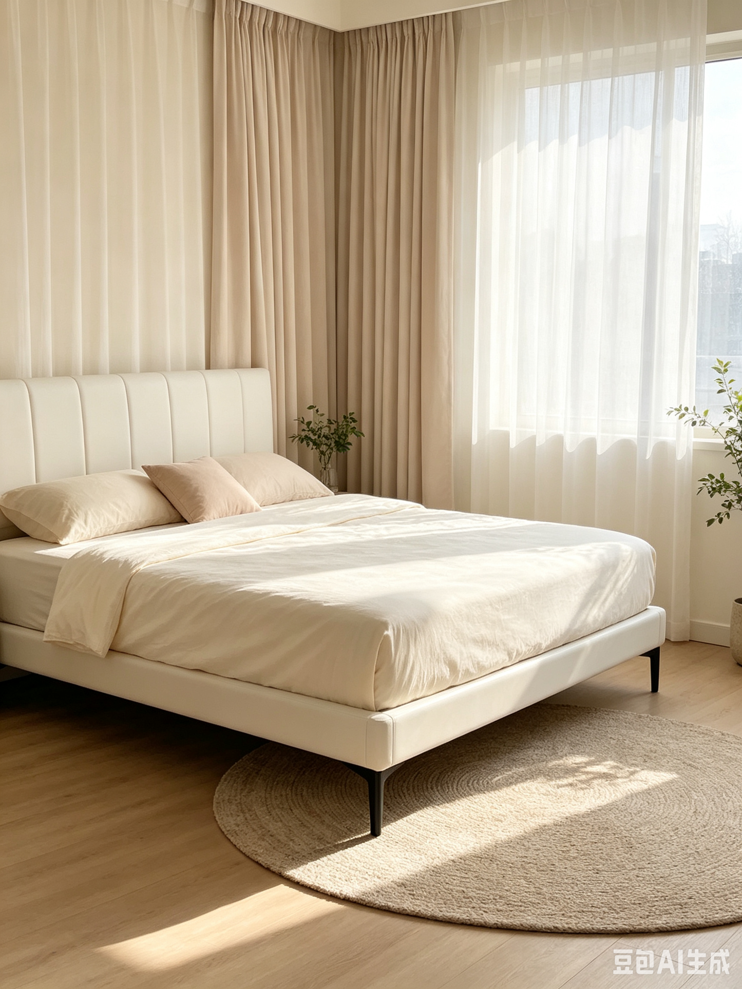 奶油白床架White Bed with Vertical Tufting