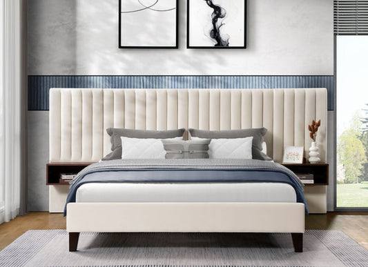 Beige Velvet Fabric with Brown Night Stands Bed Frame