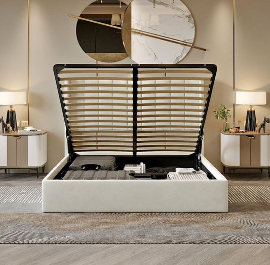 米色天鹅绒储物床架