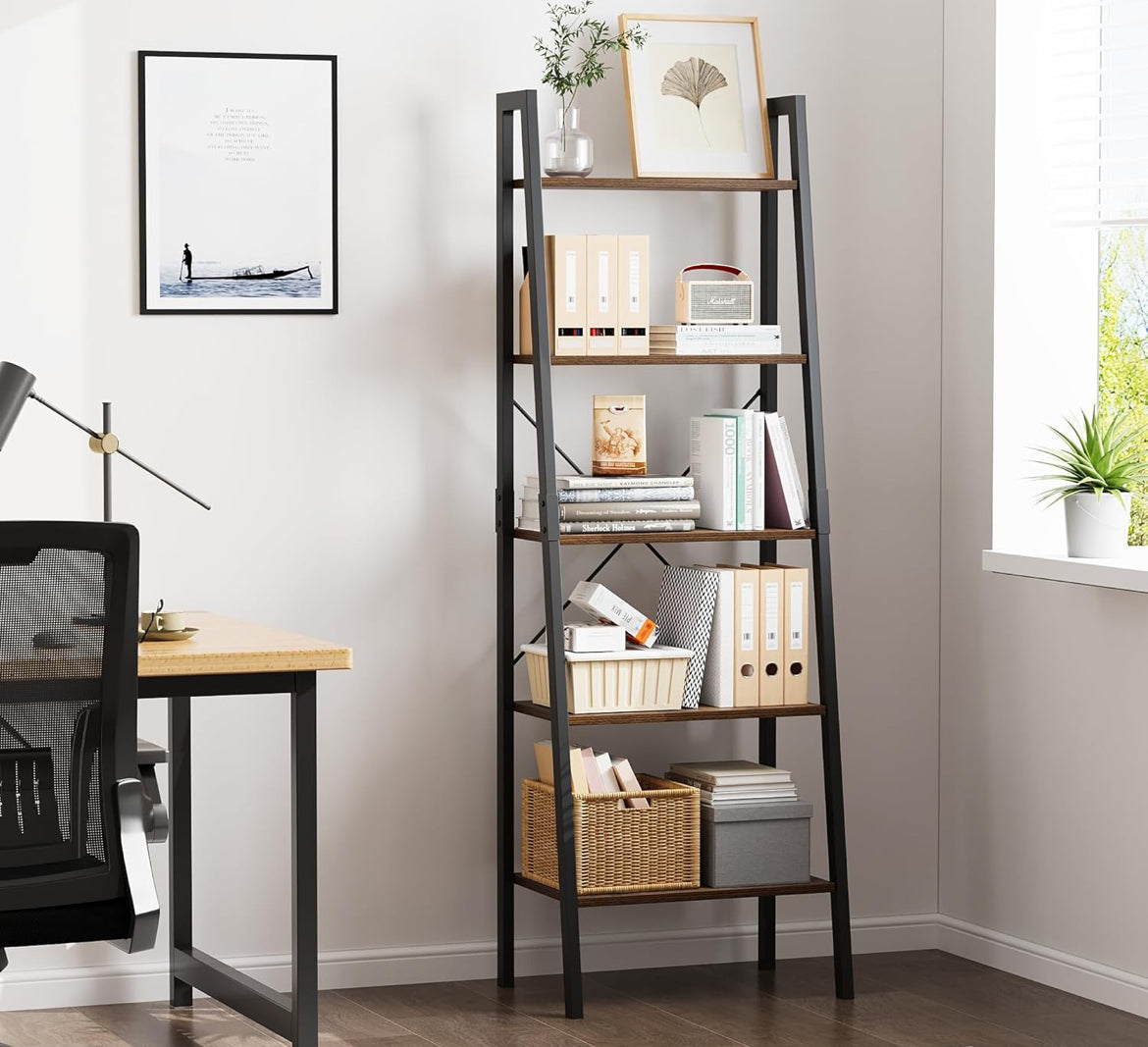 5-Tier Ladder Shelf, Ladder Bookshelf Bookcase with Metal Frame书架