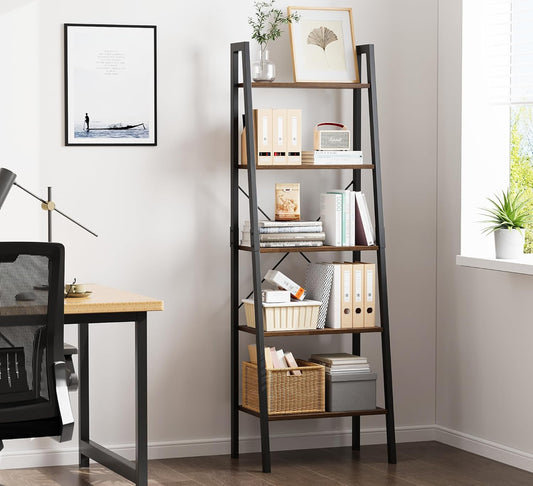 5-Tier Ladder Shelf, Ladder Bookshelf Bookcase with Metal Frame书架