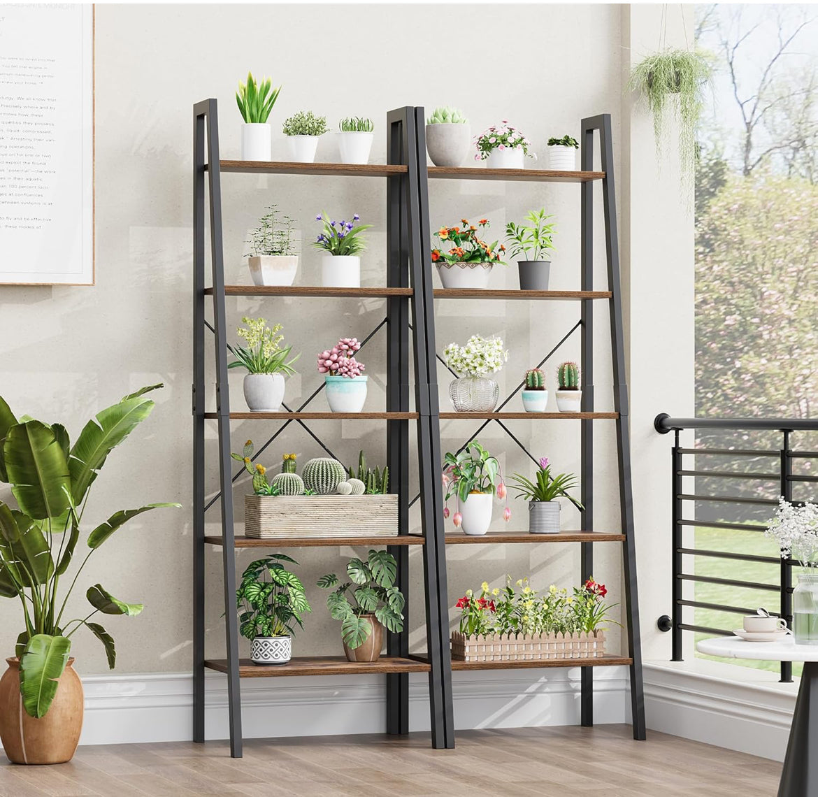 5-Tier Ladder Shelf, Ladder Bookshelf Bookcase with Metal Frame书架