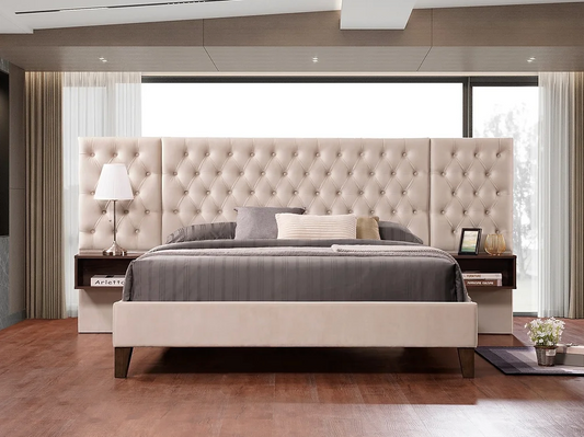 Beige Velvet Fabric Platform Bed