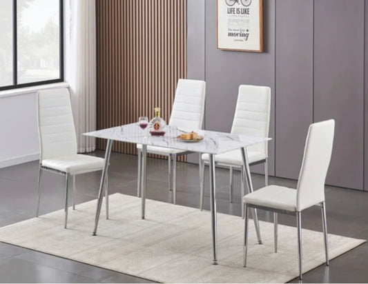 5 pc Tempered White Marble Glass with Tapered Chrome Legs set
