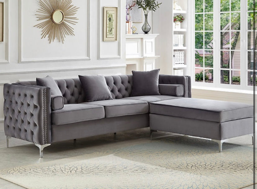 grey Velvet Reversible Sofa Sectional