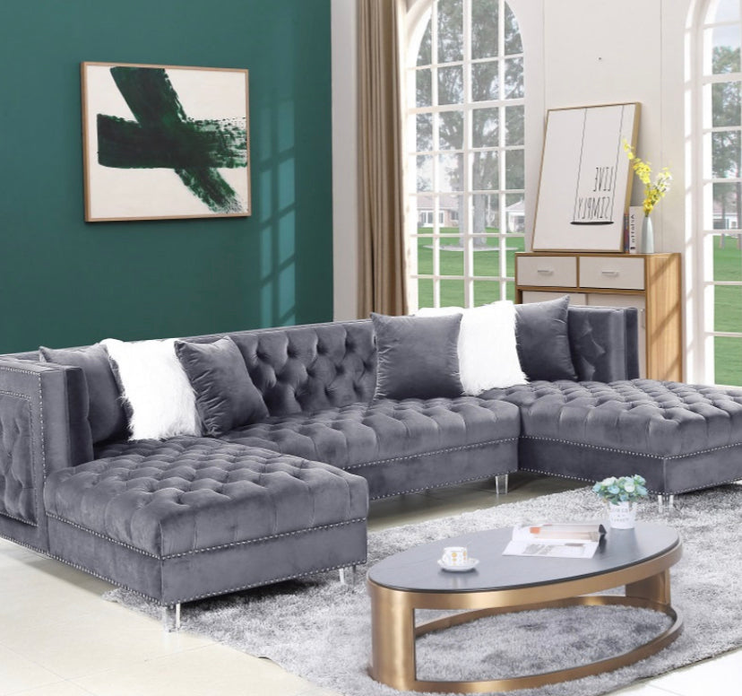 grey Velvet Sofa Sectional With 2 Chaises