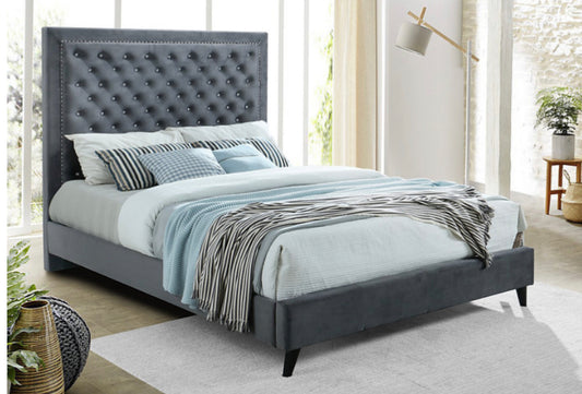 Deep Tufted Upholstered Grey Headboard with Rhinestone