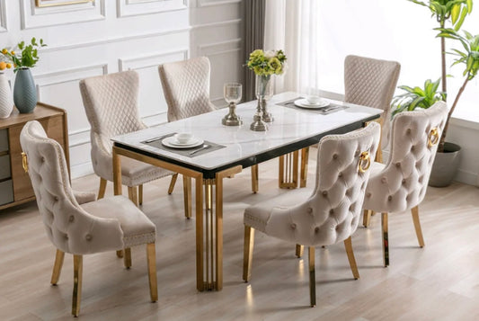 7 piece Ceramic Marble Top With Stainless Gold Legs  set