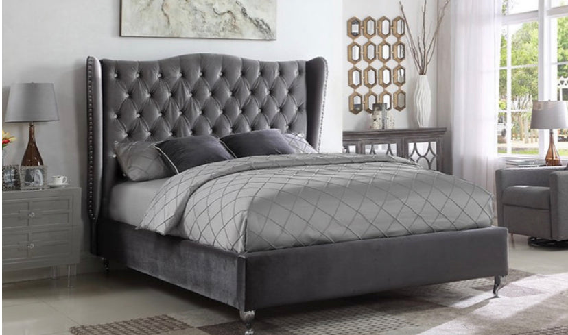 Grey Velvet Fabric Wing Back Bed frame