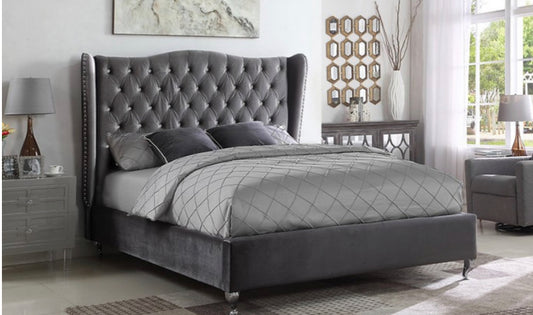 Grey Velvet Fabric Wing Back Bed frame