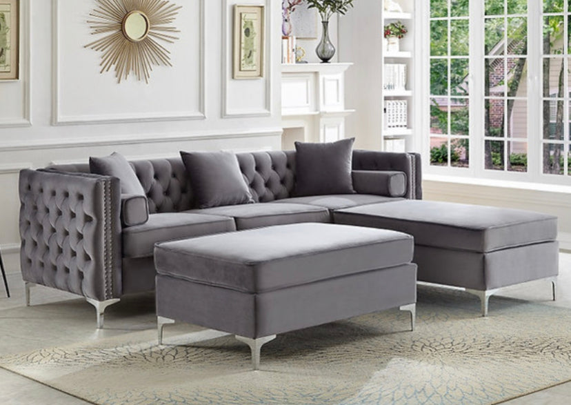 Grey Velvet Reversible Sofa Sectional With Deep Tufting