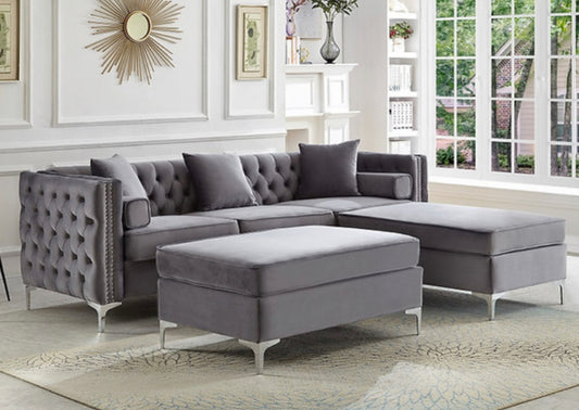Grey Velvet Reversible Sofa Sectional With Deep Tufting