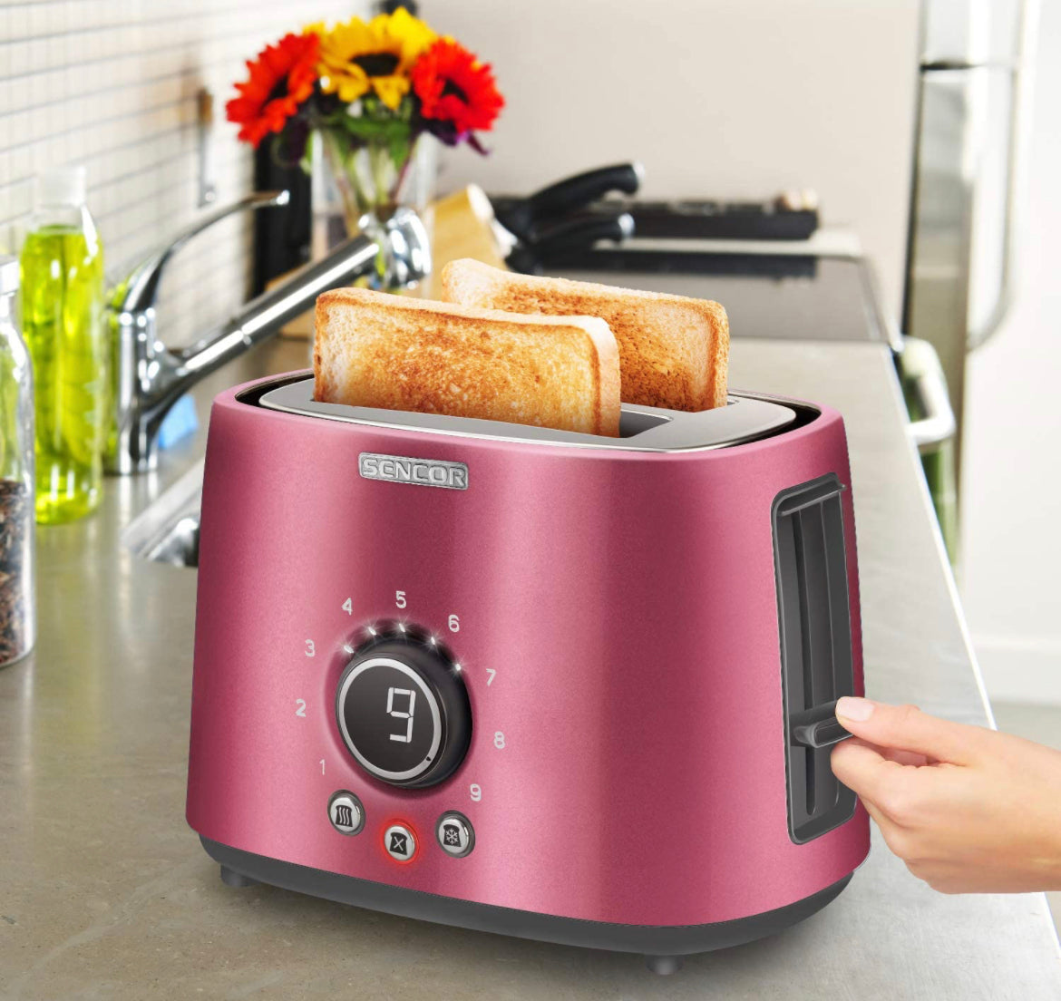 Sencor Premium Metallic 2-Slot High Lift Toaster with Digital Button and Toaster Rack