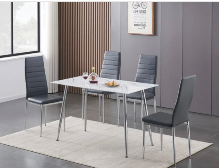 5 pcs Tempered White Marble Glass with Tapered Chrome Legs  set