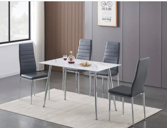 5 pcs Tempered White Marble Glass with Tapered Chrome Legs  set