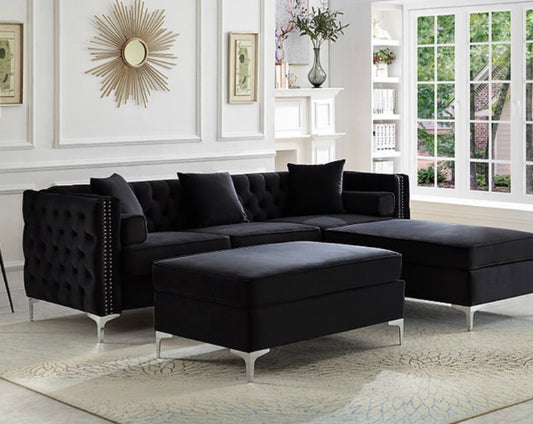 black Velvet Reversible Sofa Sectional With Deep Tufting