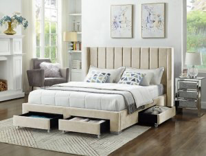 CREME VELVET FABRIC WING BED WITH DEEP TUFTING AND CHROME LEGS