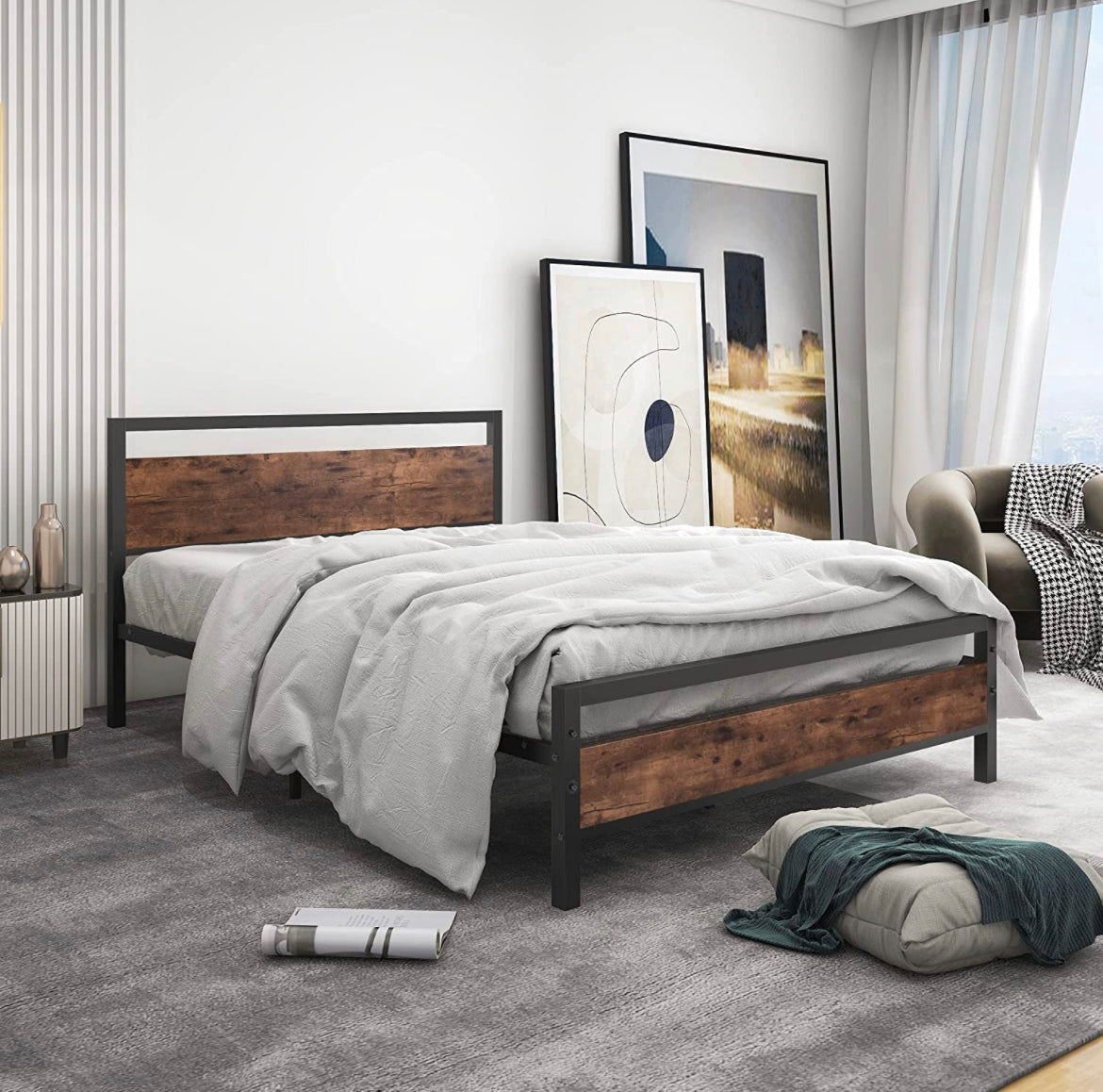 Bed Frame with Wooden Headboard and Footboard
