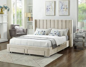 CREME VELVET FABRIC WING BED WITH DEEP TUFTING AND CHROME LEGS