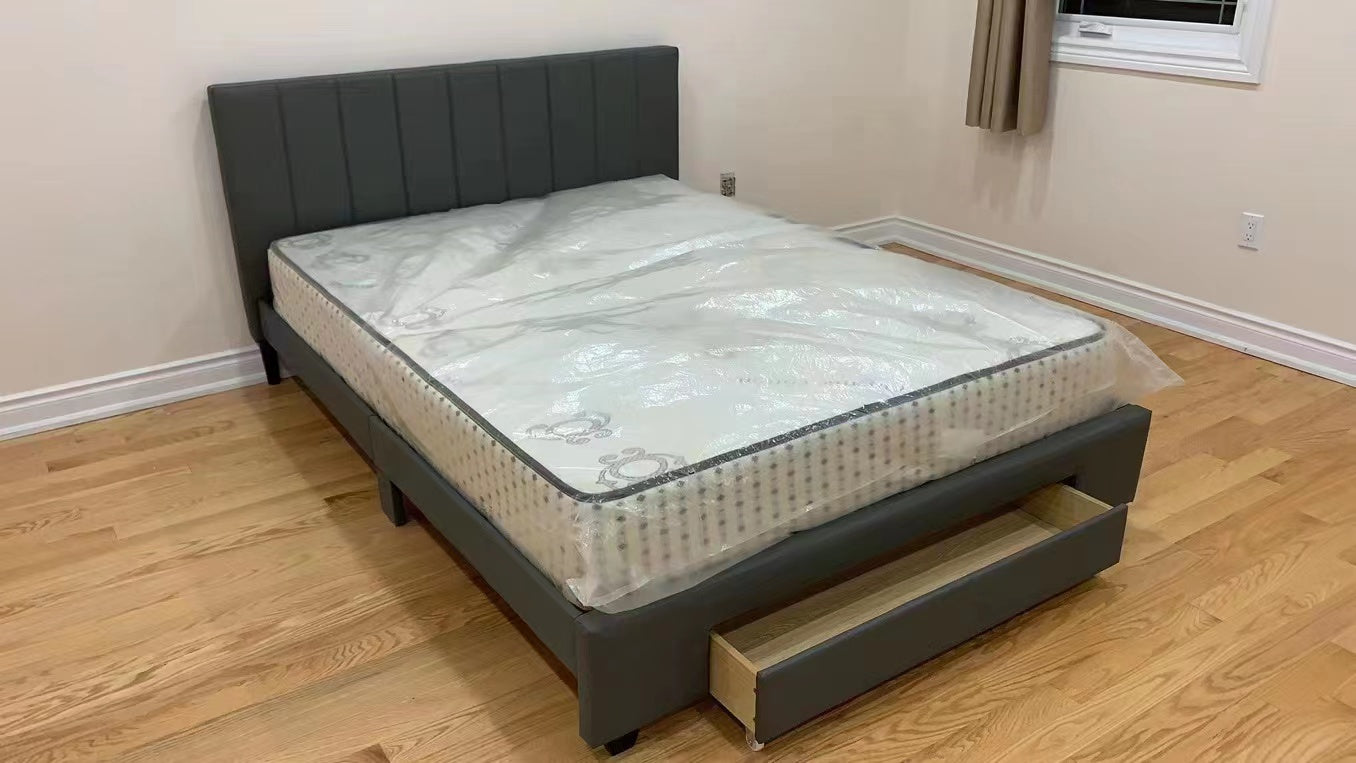 grey bed frame with drawer